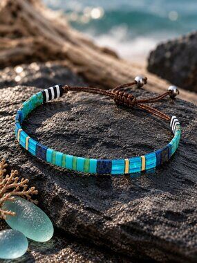 Miyuki Tila Bead Friendship Bracelet Glass Blue Teal Gold Adjustable Stack 6-9"